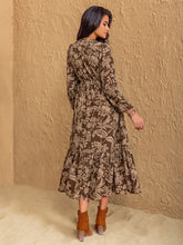 Ruched Printed V-Neck Long Sleeve Midi Dress OutfitFlow